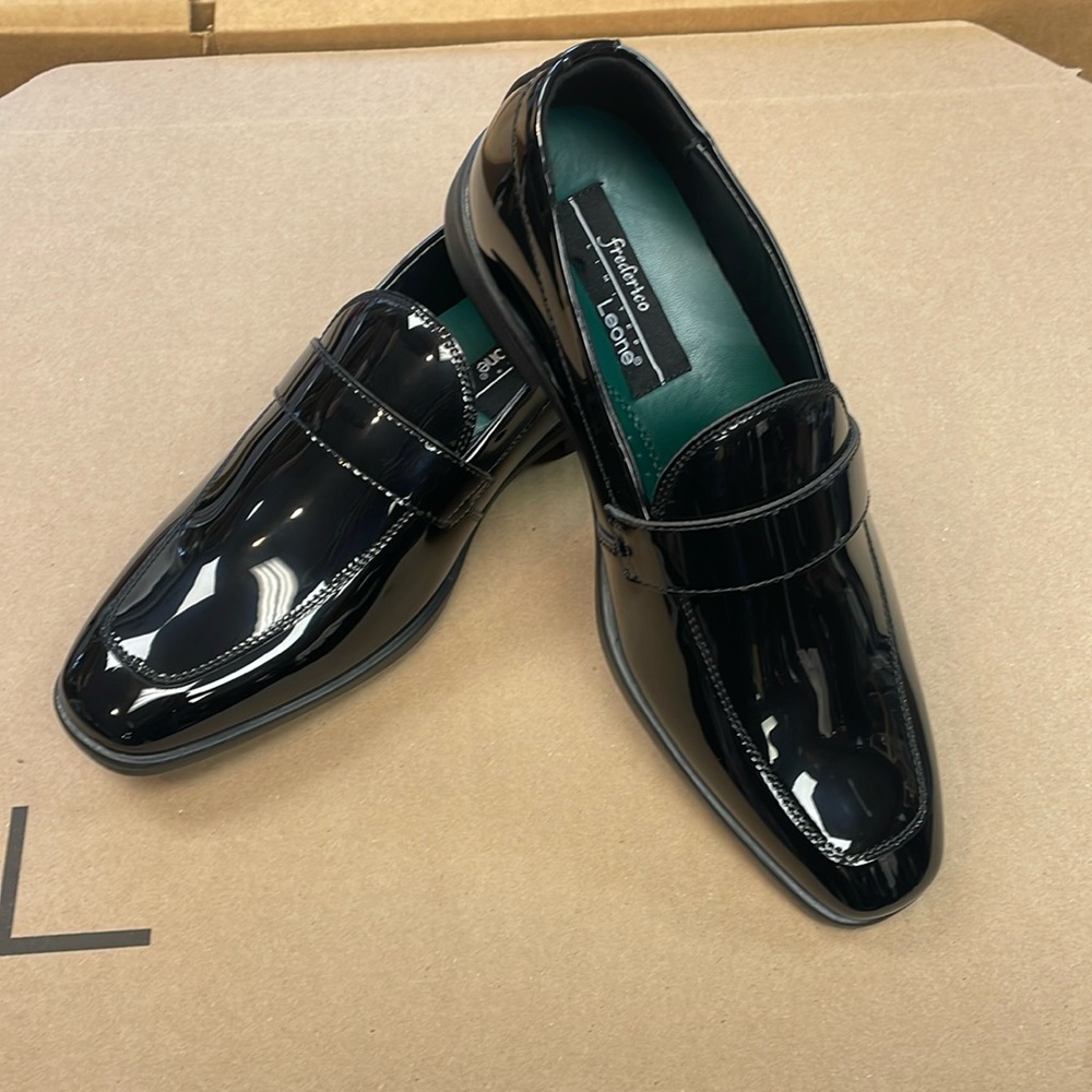New Frederico Leone Black Patent Miami Slip On Formal Tuxedo Shoes 8.5 W